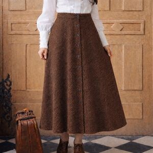 Vintage SOKO Separates Brown Wool Tweed Midi/Ankle Maxi Button Front Skirt, M